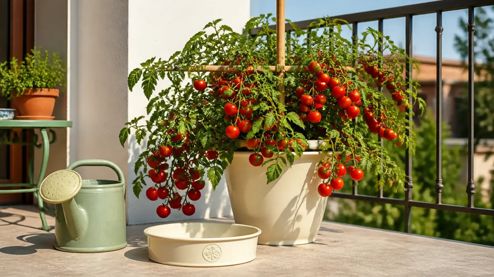 cherry tomato plant fruiting in a large pot on a sunny balcony
