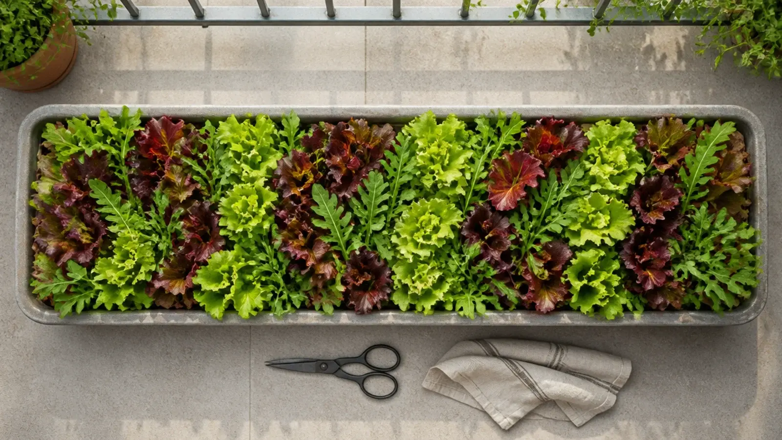 shallow trough of cut and come again salad leaves on a balcony ledge