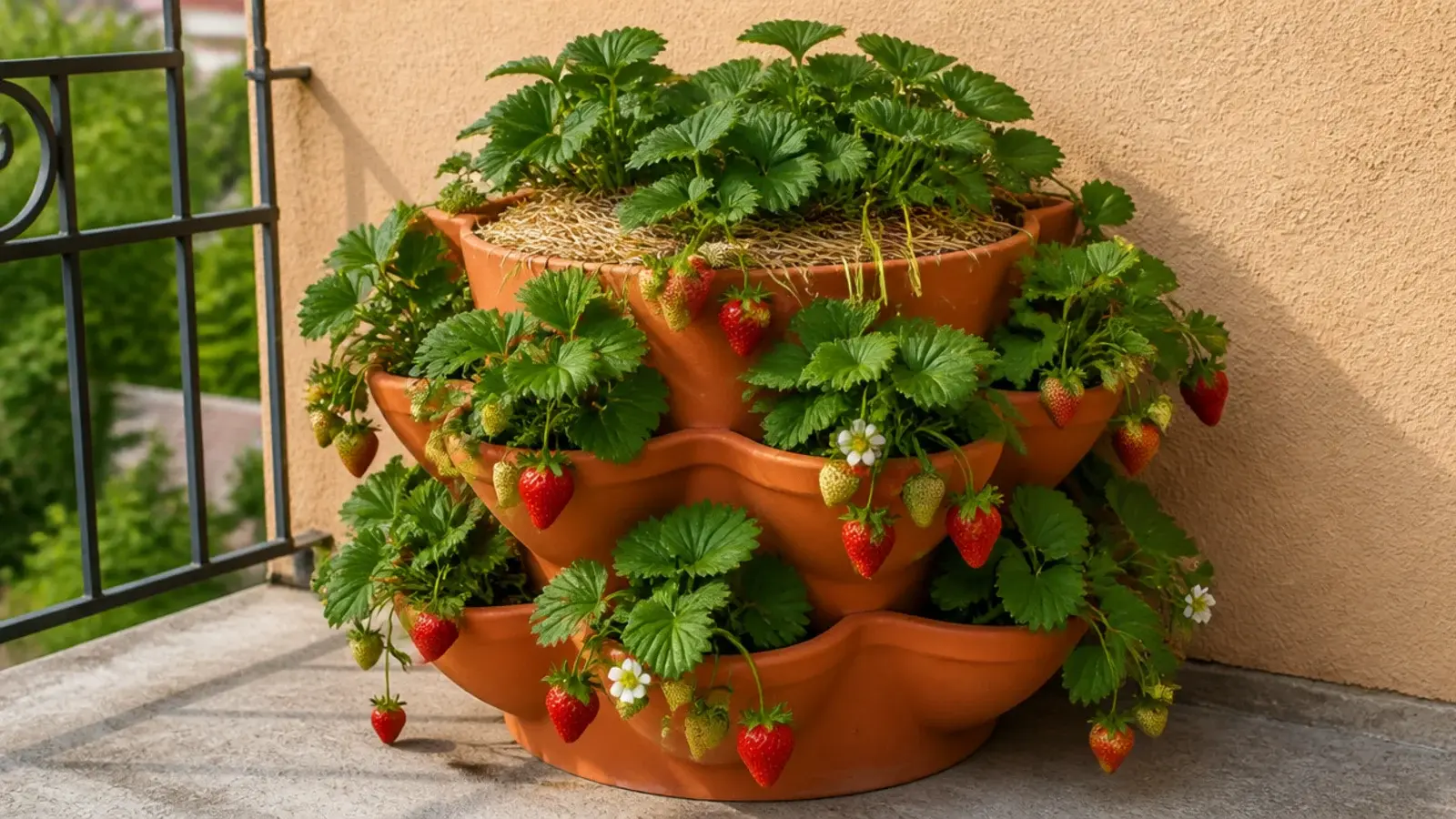 strawberry plants fruiting in a tiered stacked planter on a balcony