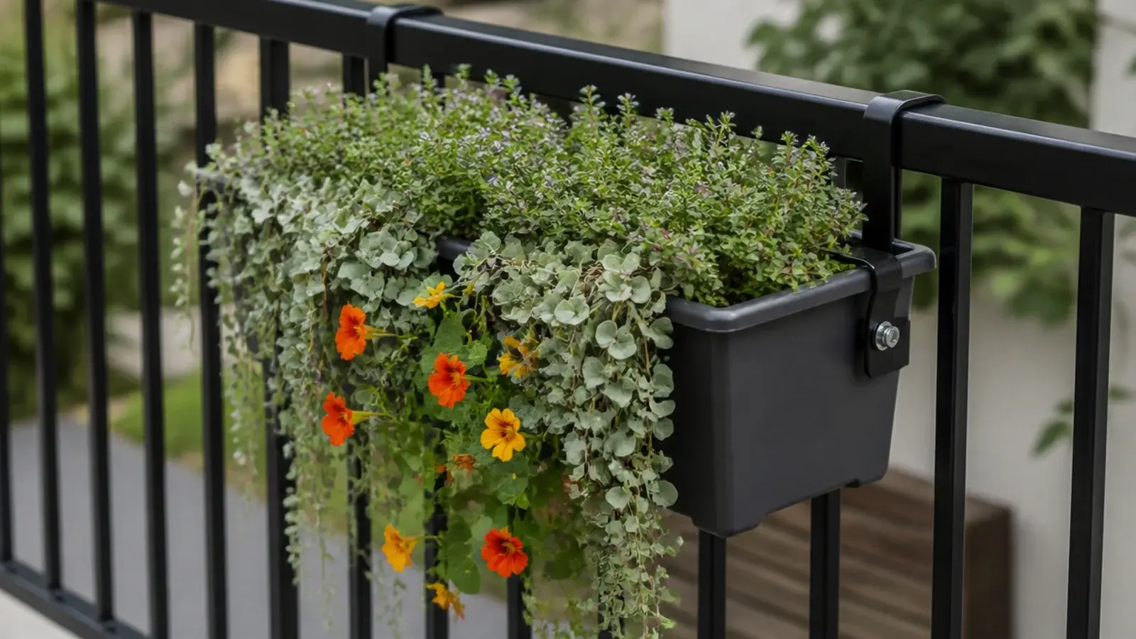 trailing greenery spilling from a rail box mounted inside the balustrade