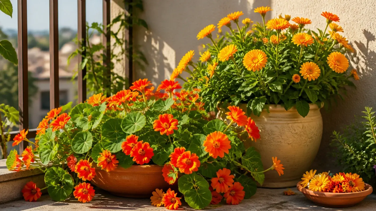 orange nasturtium and calendula flowering in pots on a balcony corner