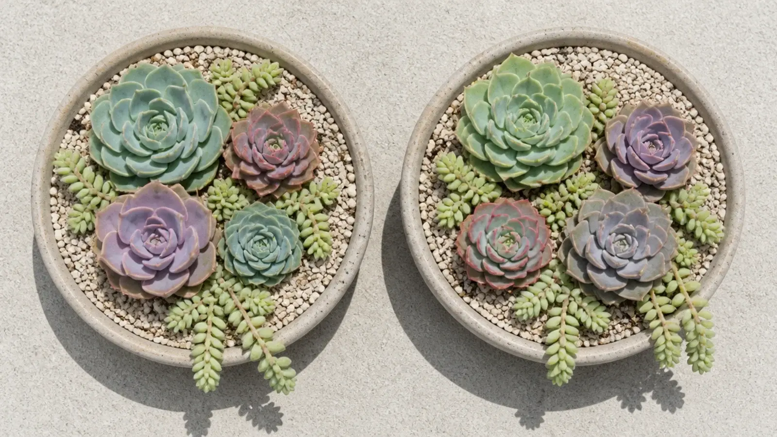 echeveria and sedum in gritty compost in shallow balcony bowls