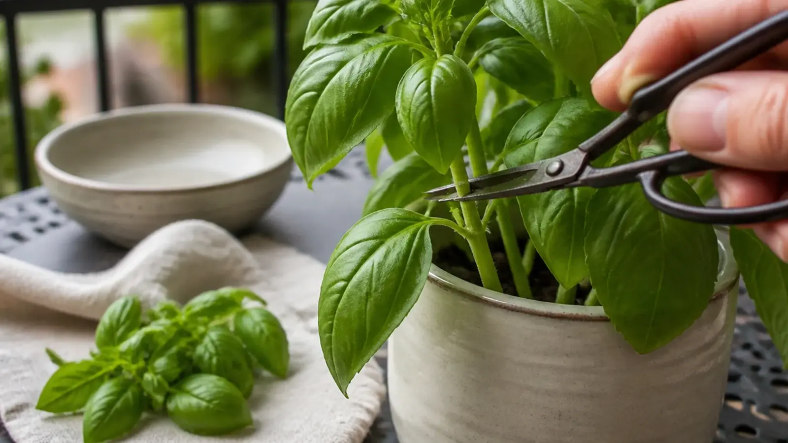 scissors trimming basil above a leaf node in a balcony herb pot