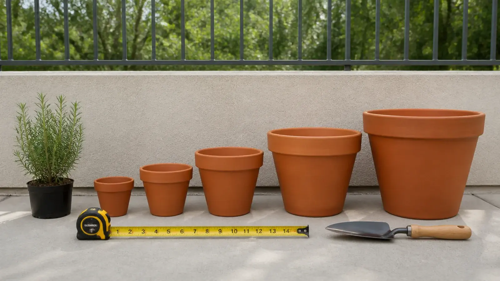 graduated pot sizes lined up beside a small balcony shrub for comparison
