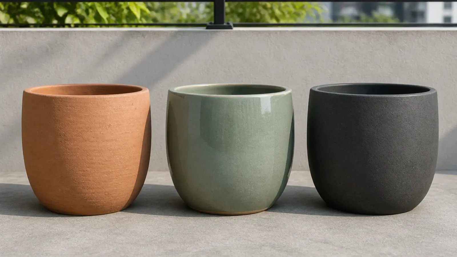 terracotta glazed and fiberstone pots compared side by side on concrete