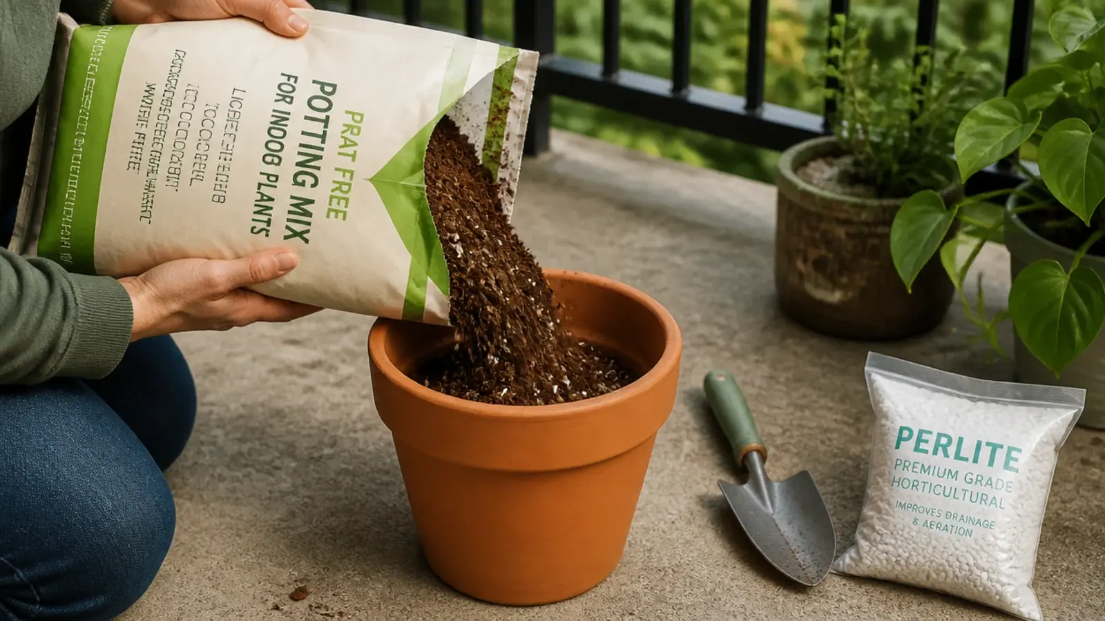 hands filling a balcony pot with light open potting mix from a bag