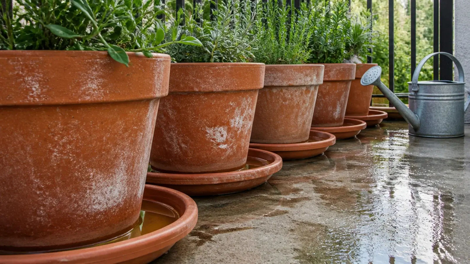 wide terracotta saucers catching runoff under balcony plant pots