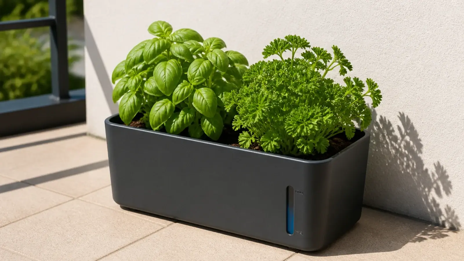 self watering planter with a visible reservoir gauge on a sunny balcony