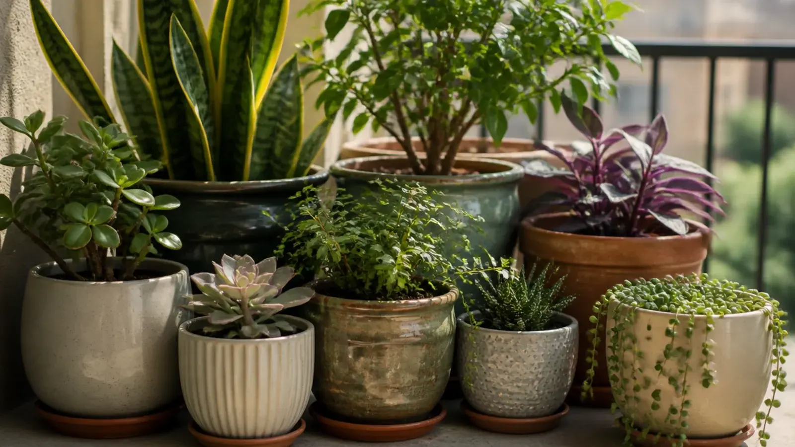 tight cluster of balcony pots shading one another in strong sunlight