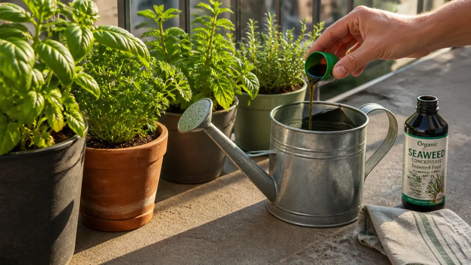 liquid feed being measured into a watering can on a balcony floor