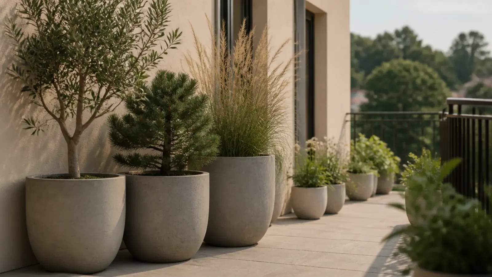 large heavy planters lined tight against the wall of an apartment balcony