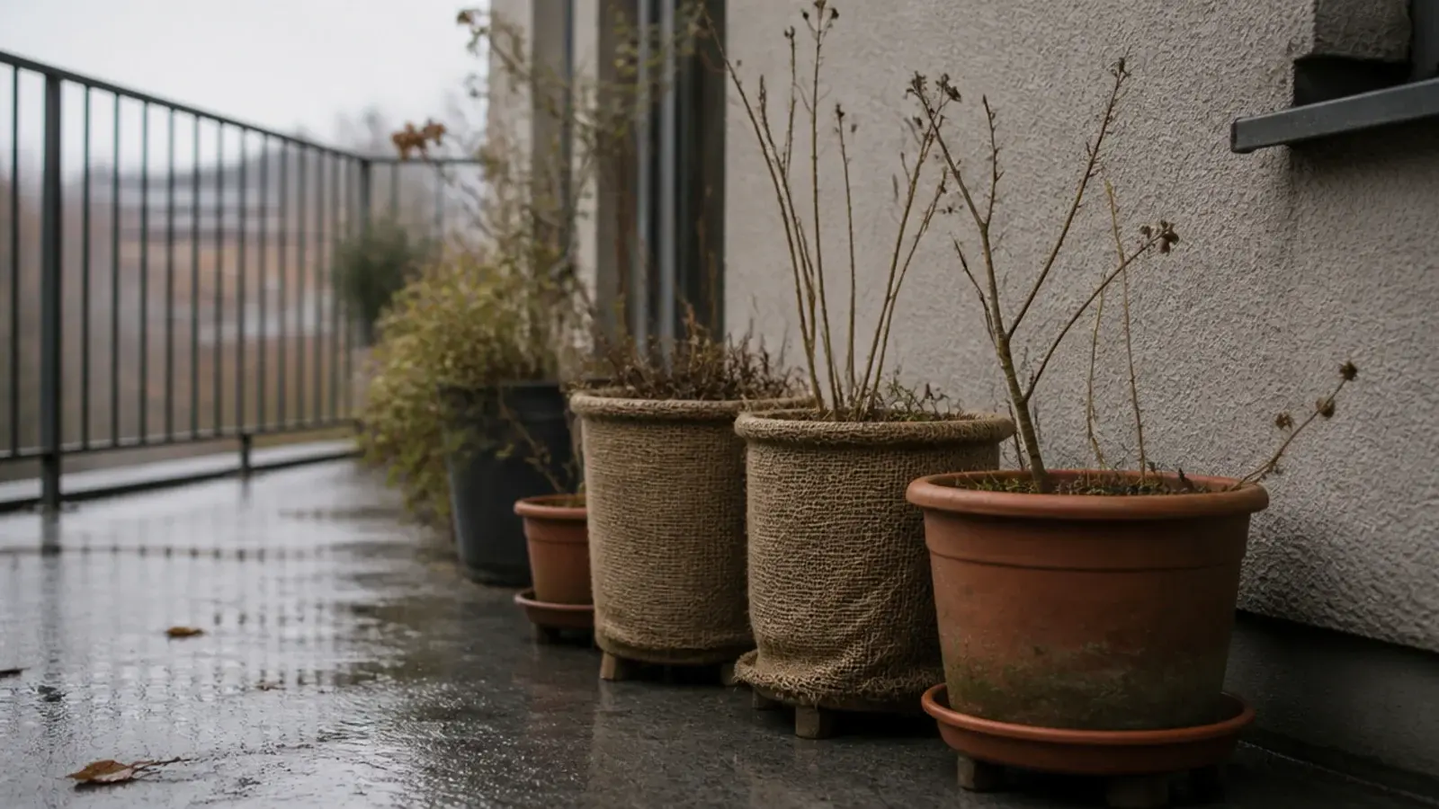 balcony pots wrapped and grouped against a wall for winter protection