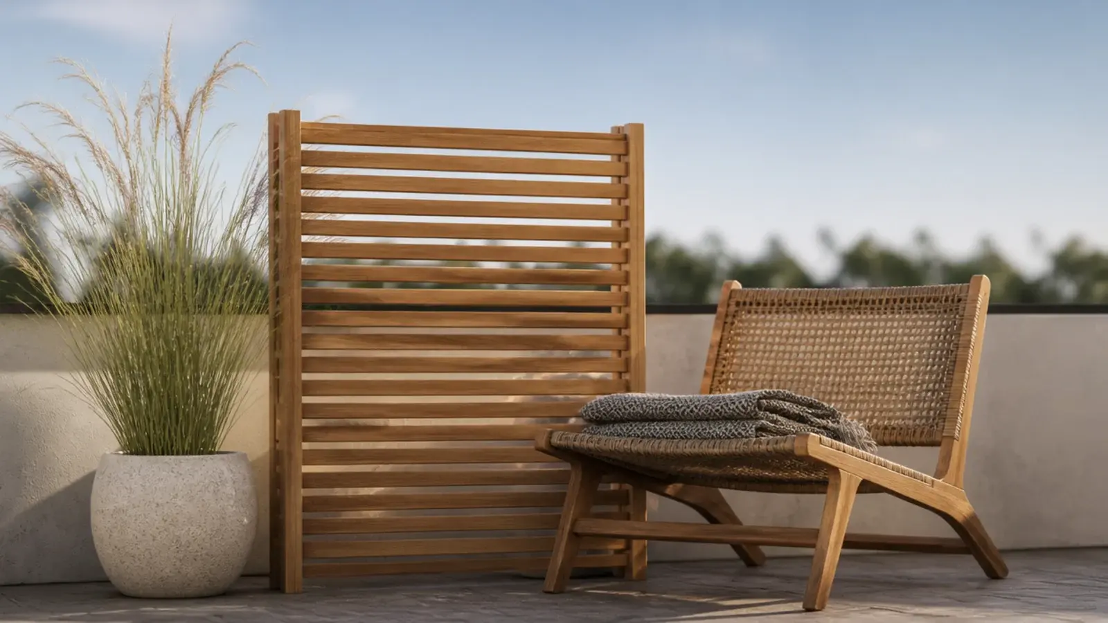 partial height screen reaching chest level beside a seated balcony chair