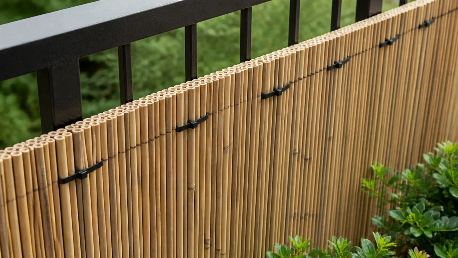 reed screening roll tied along the inner face of a balcony railing