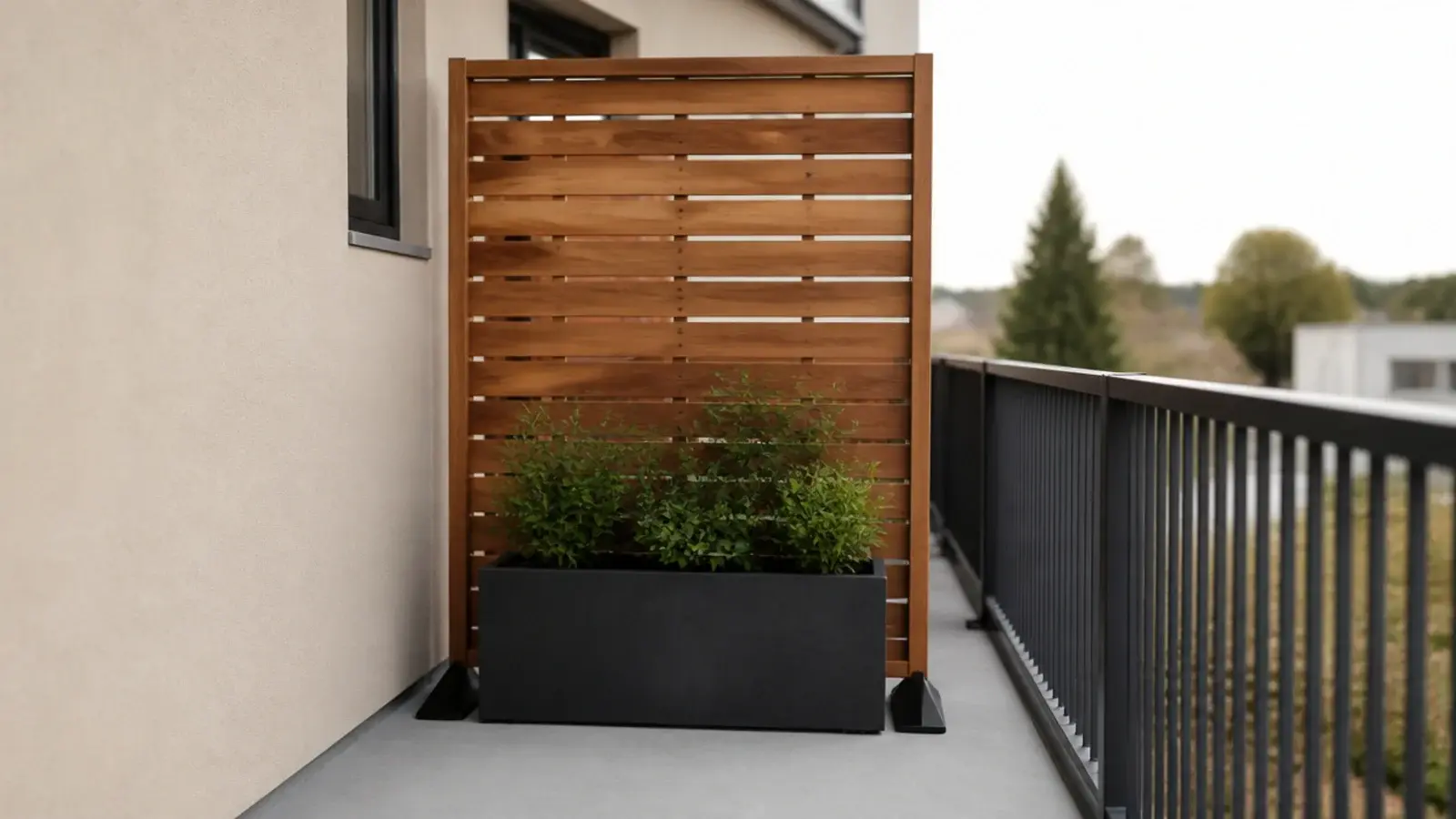 freestanding slatted wooden privacy panel standing on balcony concrete
