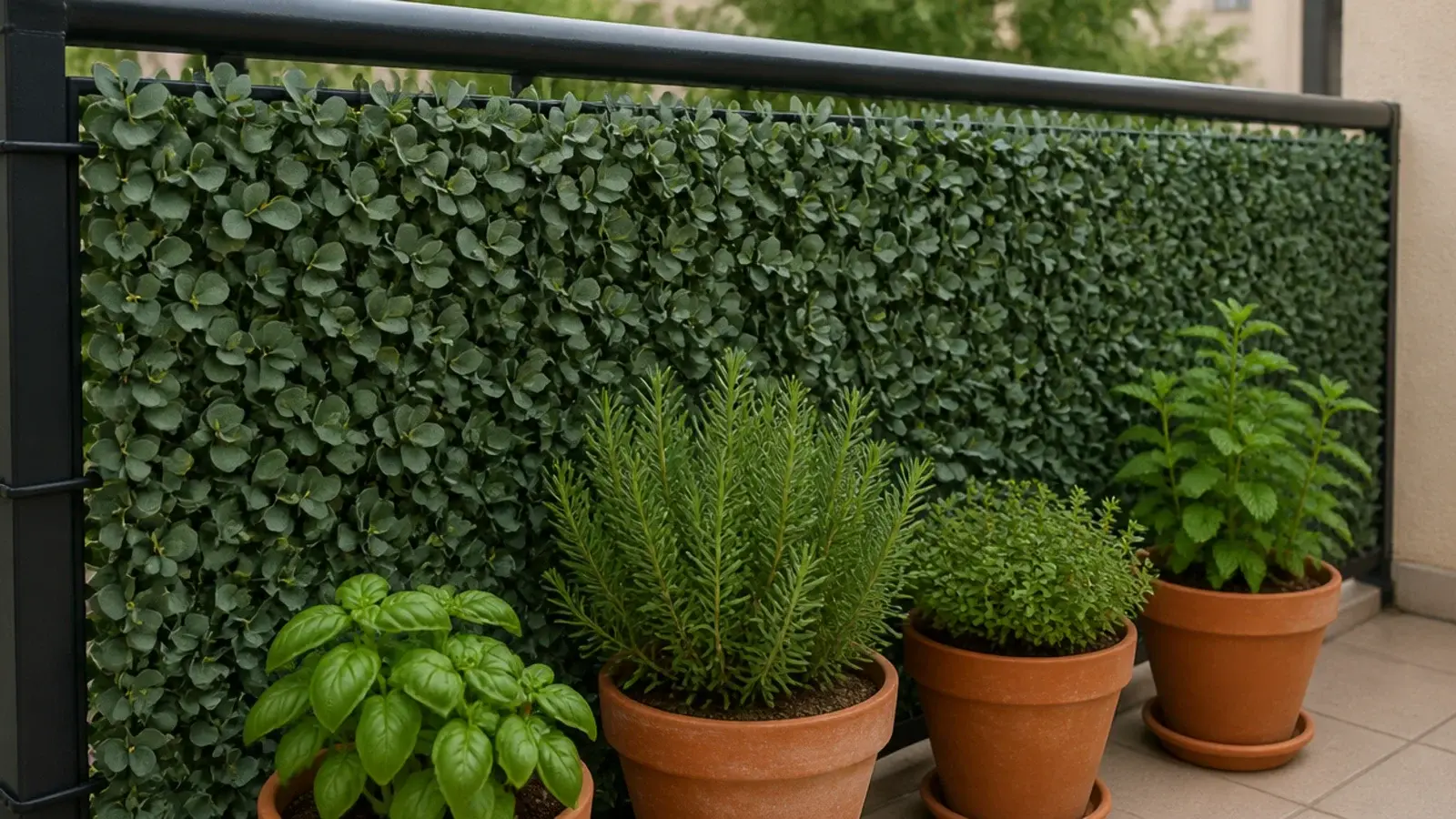 artificial hedge panel attached inside a balcony railing behind pots