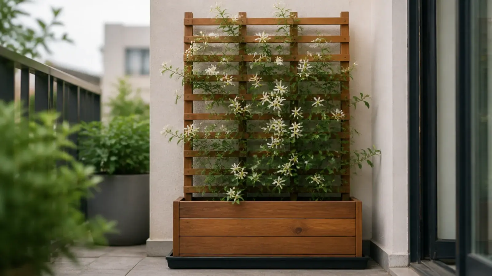 planter with tall trellis back screening one end of a balcony