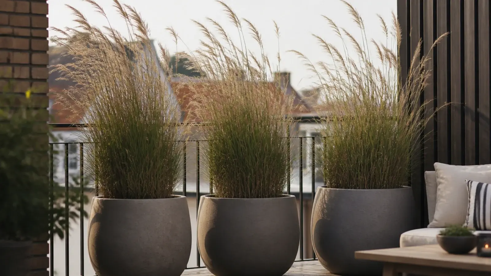 row of tall ornamental grasses screening a balcony seating corner