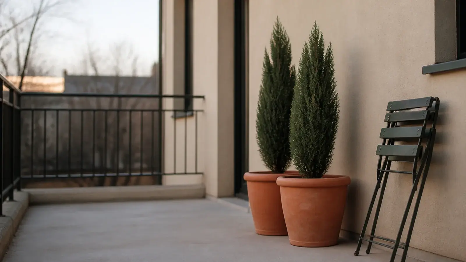 narrow columnar evergreens in large pots along a balcony wall