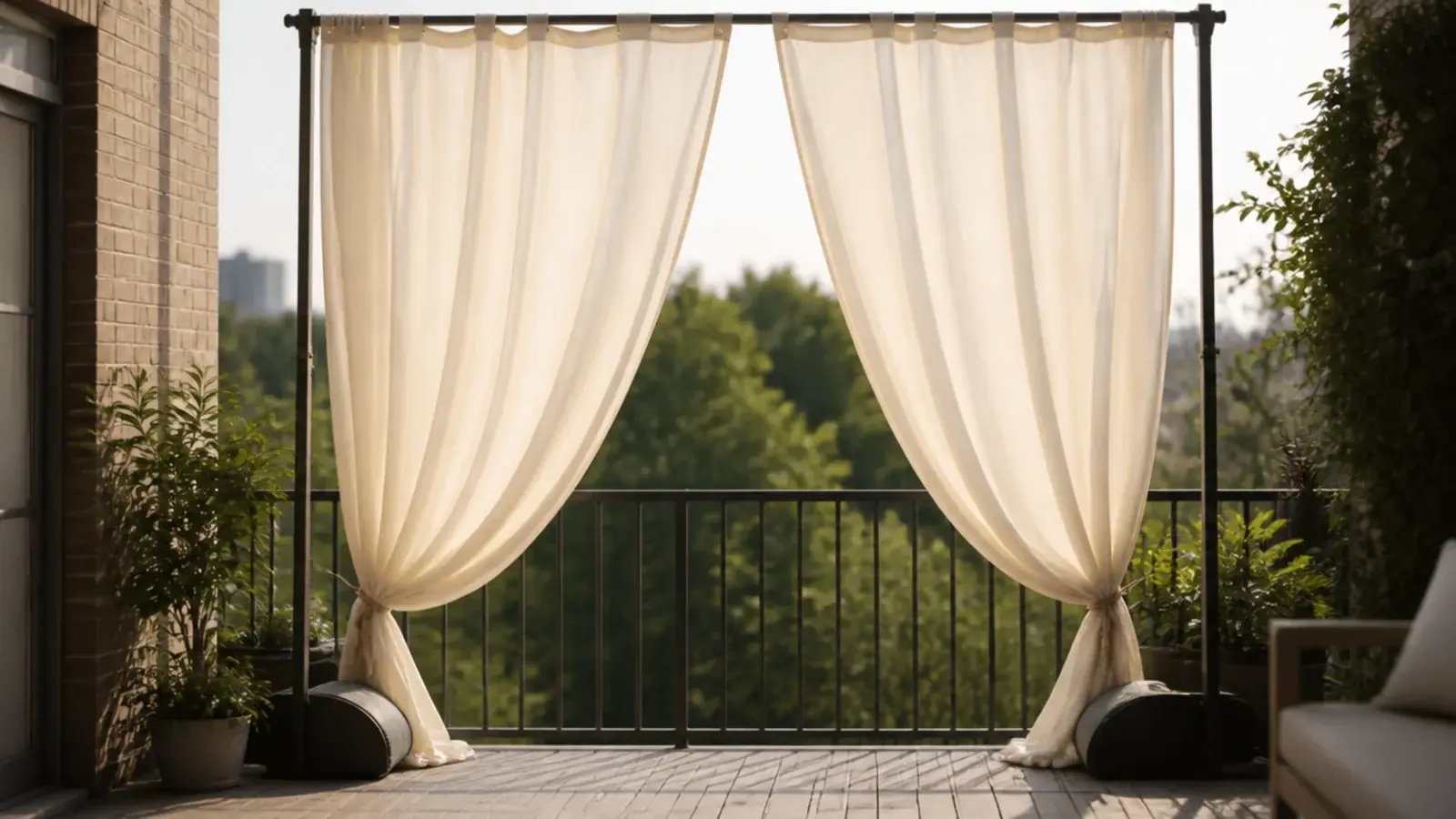 outdoor curtain panels screening the end of a balcony from a frame