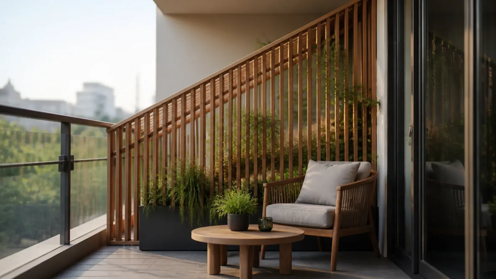 angled corner screen panel creating a private nook on a balcony