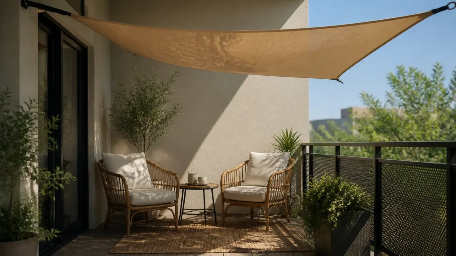 triangular shade sail tensioned over a balcony seating area