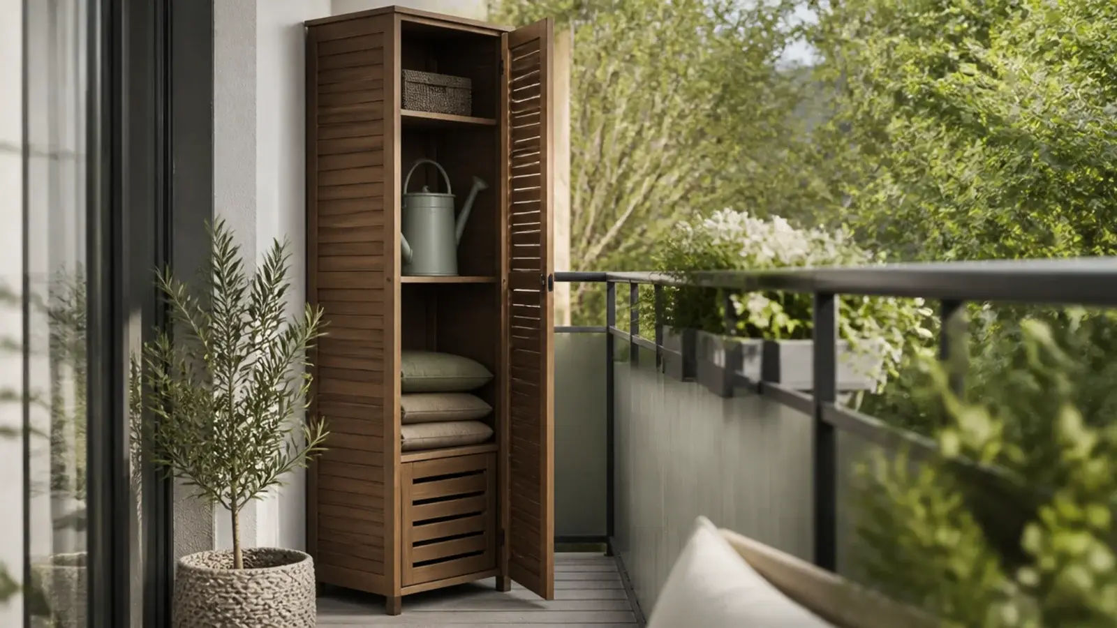 tall narrow outdoor storage cabinet screening the end of a balcony