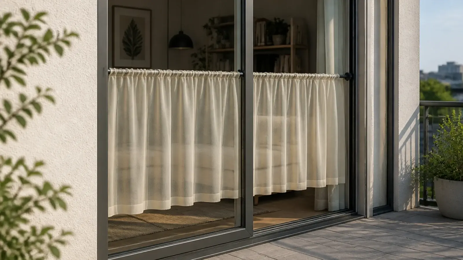 linen cafe curtain inside a sliding balcony door filtering the view