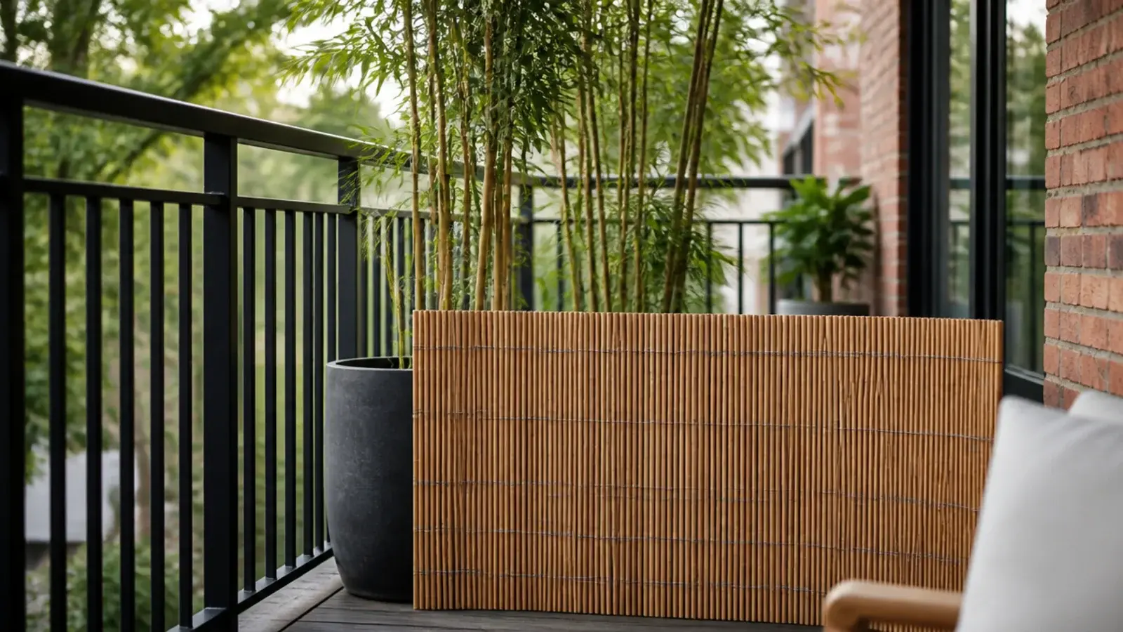 low screen panel with a tall plant rising behind it on a balcony