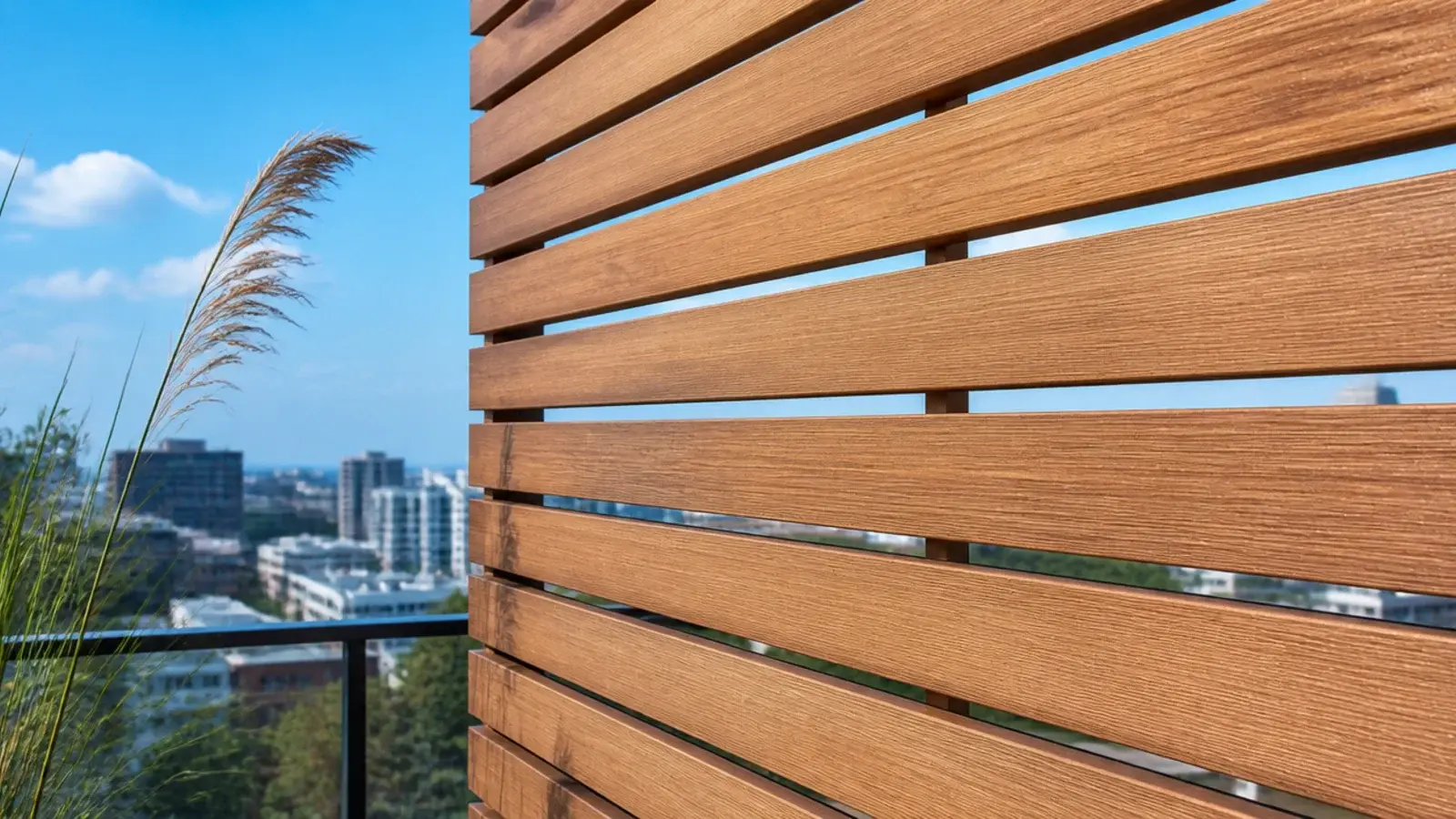 slatted panel with visible gaps letting wind pass on a high balcony