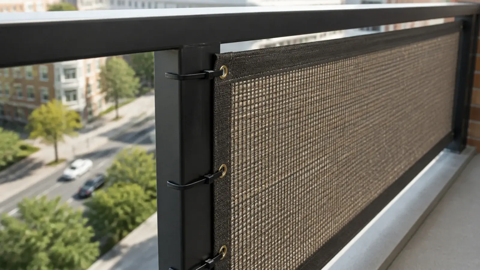 privacy screen correctly fastened on the inner side of a balcony rail