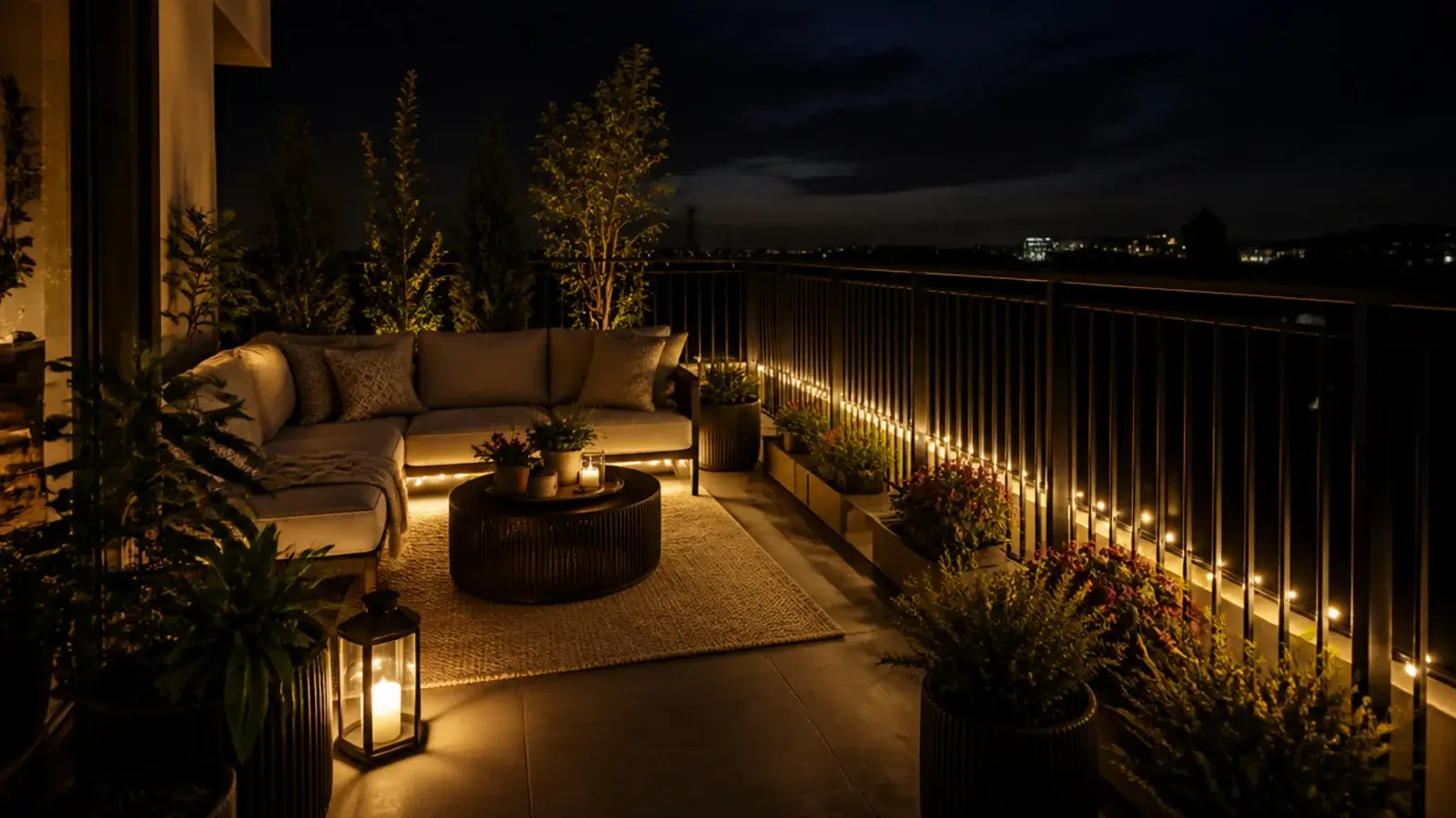 low warm lantern light pooling on a balcony floor after dark