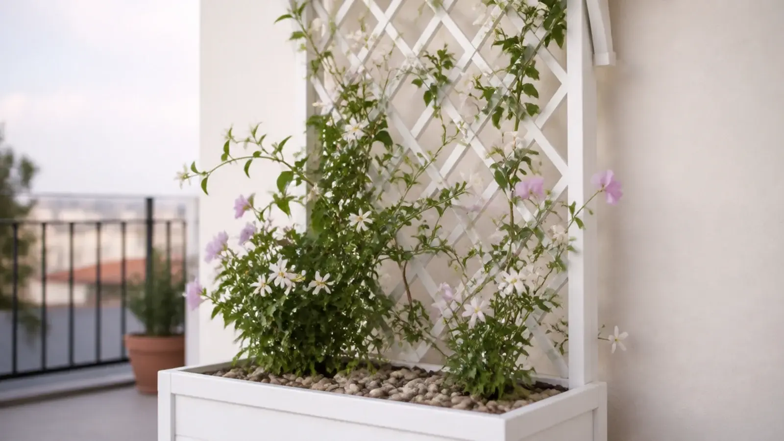 lattice panel with climbing plants weighted into a balcony planter