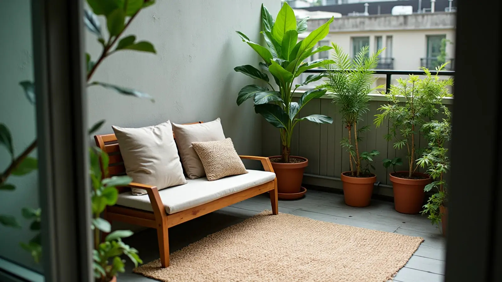 rug cushions and grouped plants absorbing sound on a concrete balcony