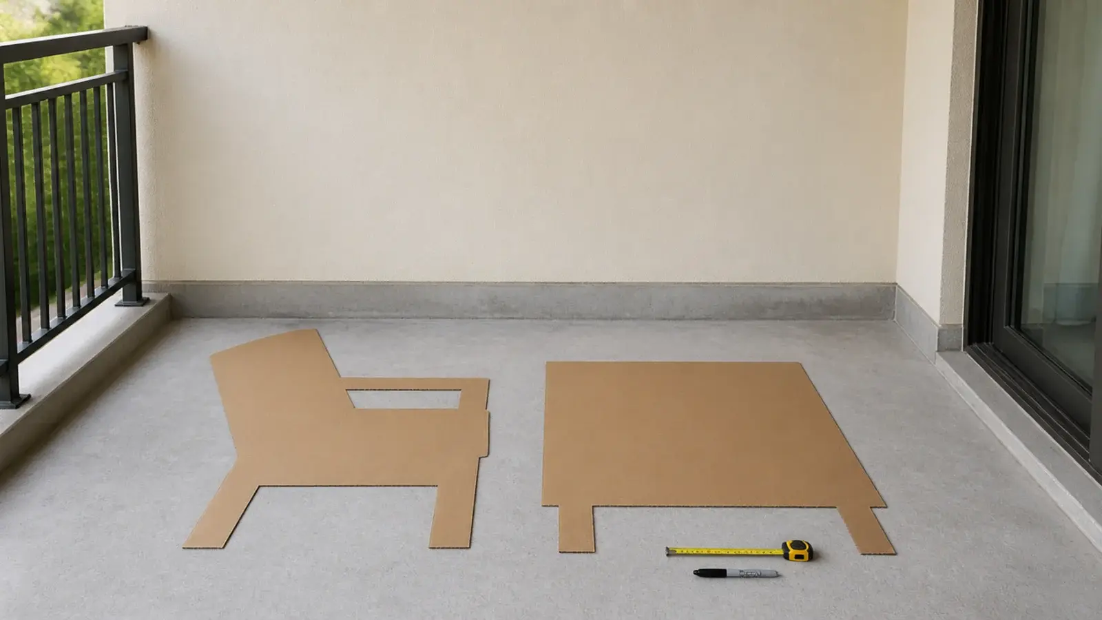 cardboard templates laid out to test balcony seating footprints