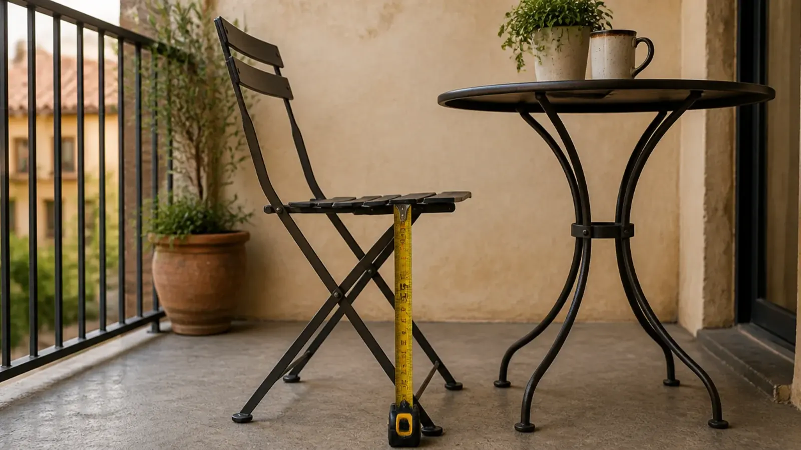 folding chair and bistro table showing correct balcony seat heights