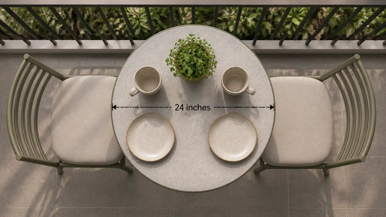 small round bistro table set for two on a narrow balcony