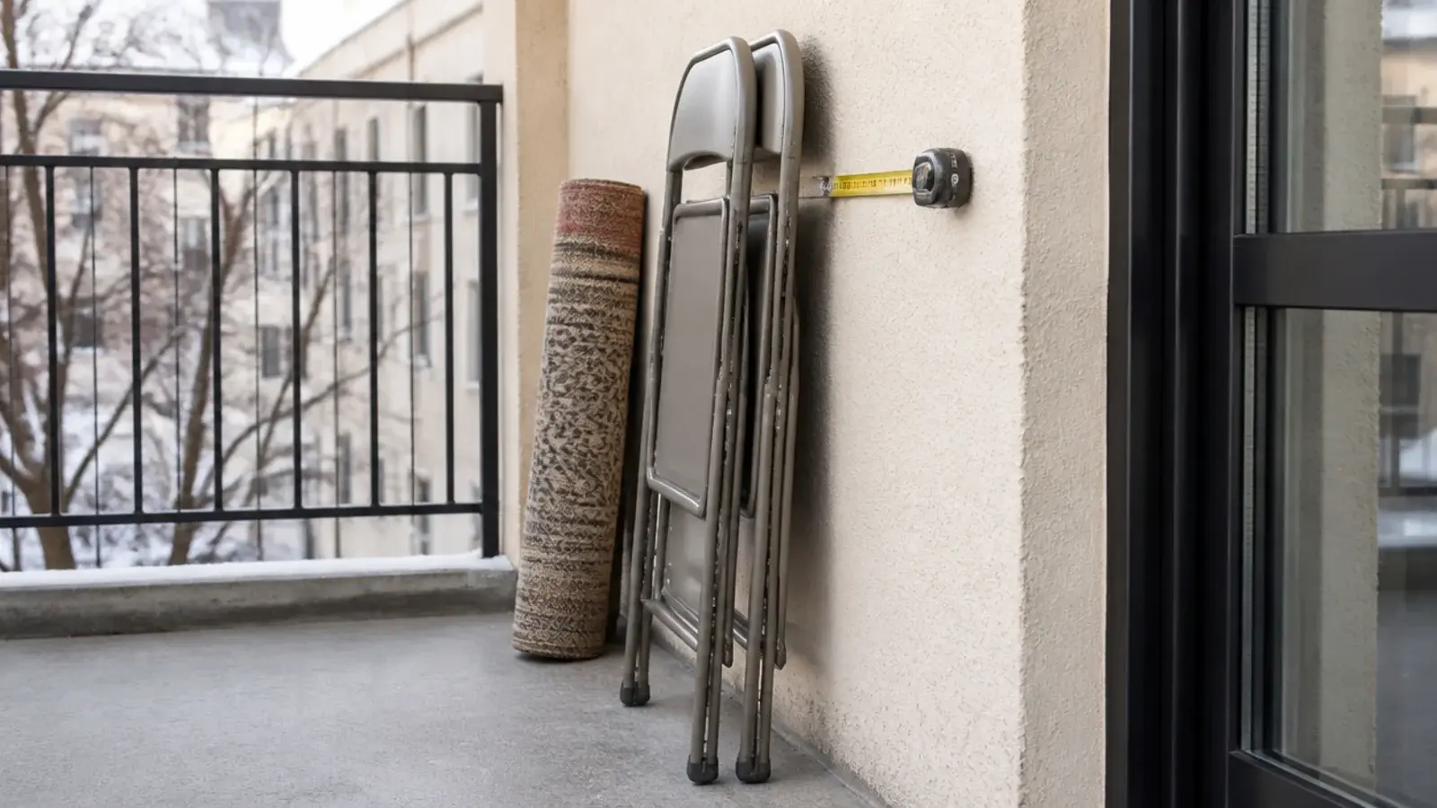 two folded balcony chairs leaning flat against a stucco wall