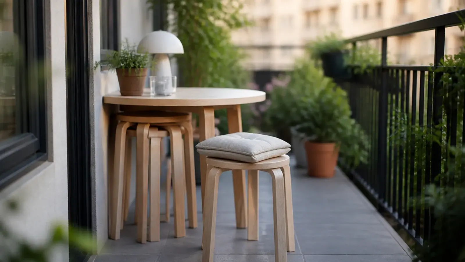 three stacking wooden stools tucked beneath a balcony table