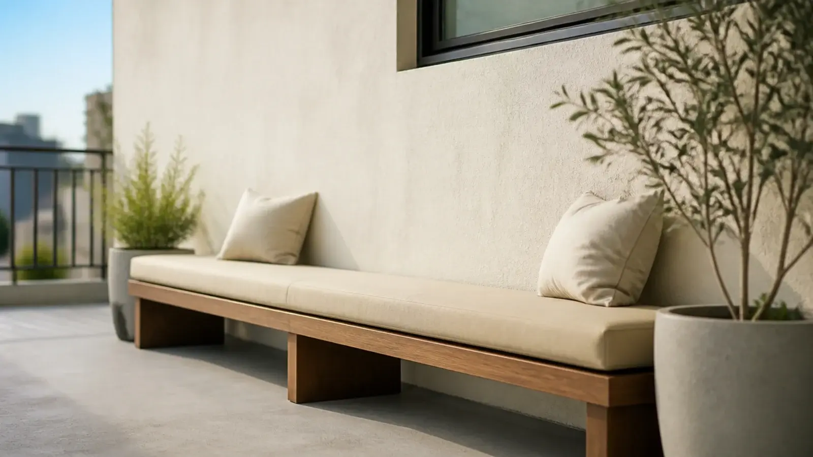 long low bench with cushions against an apartment balcony wall