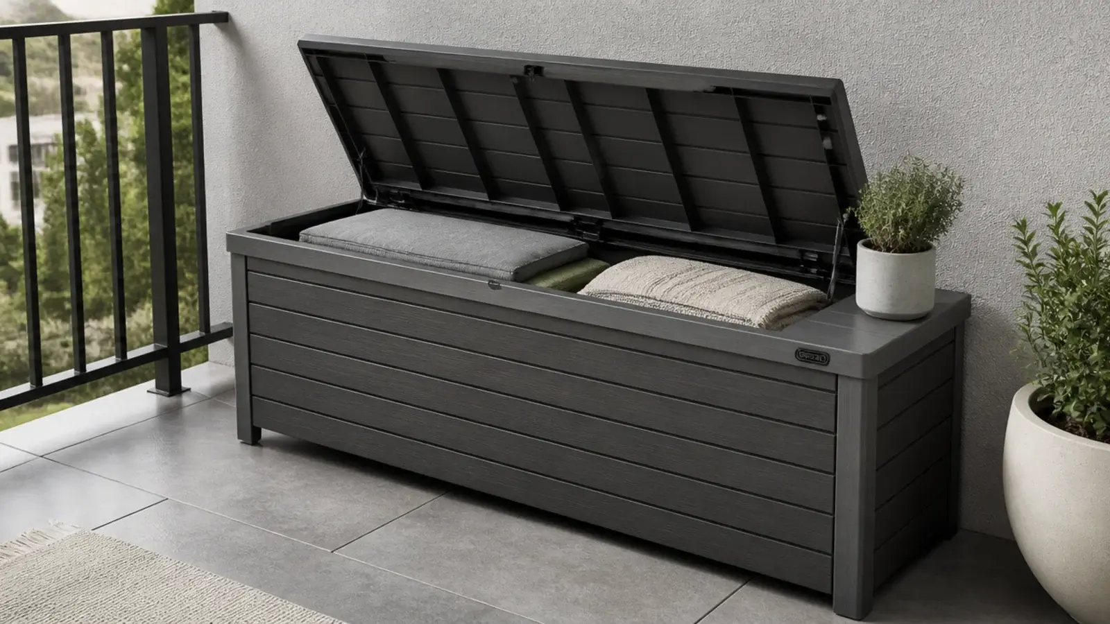 lidded storage bench open showing cushions stored on a balcony
