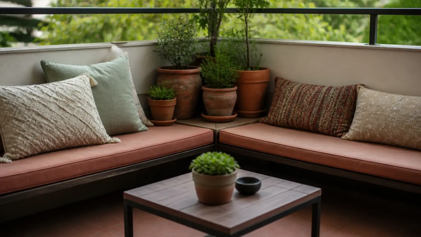 corner bench seating tucked into the end of a small balcony