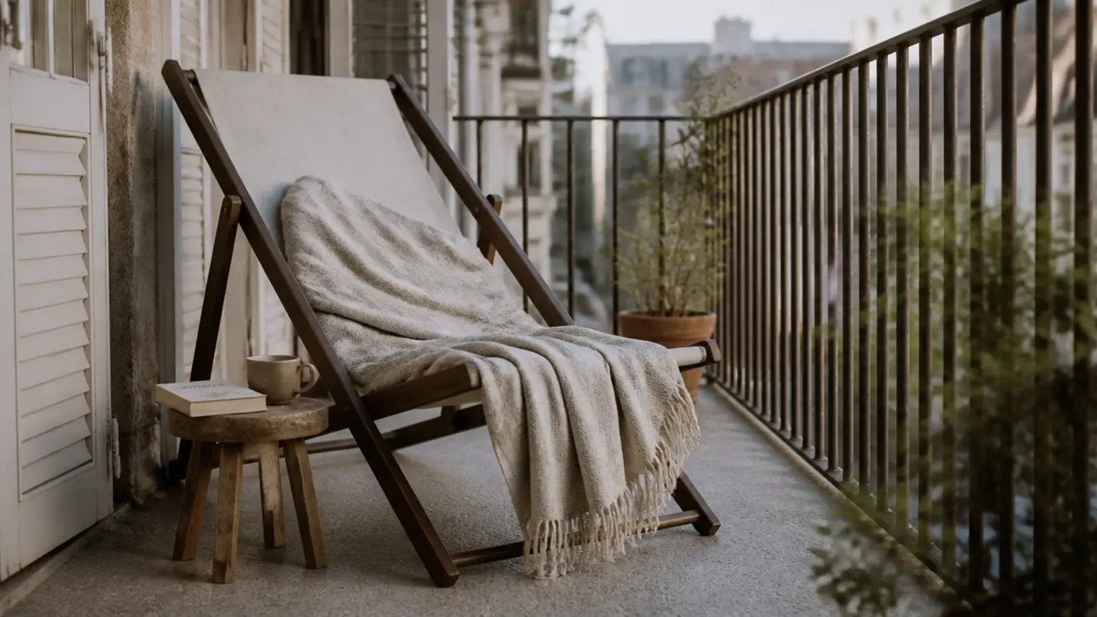 single folding lounger occupying the length of a narrow balcony