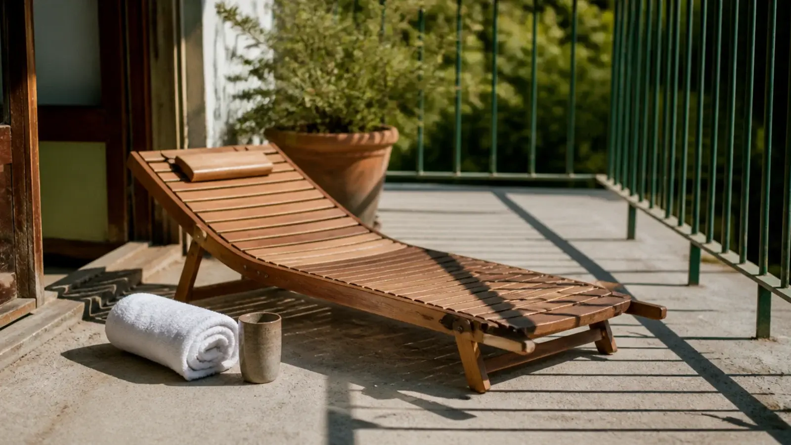 folding sun lounger open on a bright apartment balcony slab