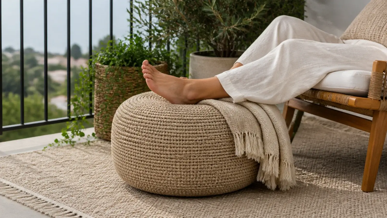 woven outdoor pouf used as extra seating on a balcony rug