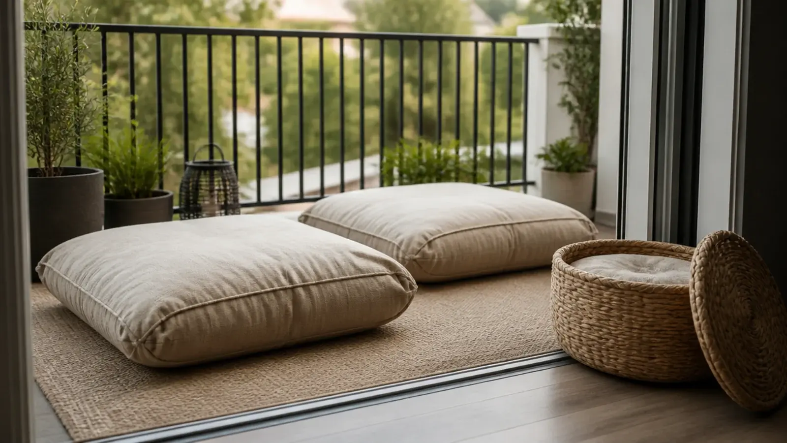large floor cushions on a balcony rug beside a storage basket