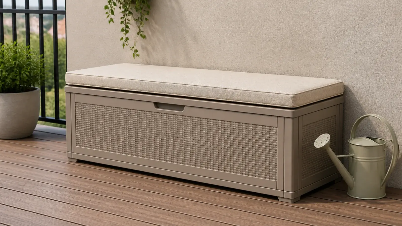 low deck storage box used as balcony seating with a cushion on top