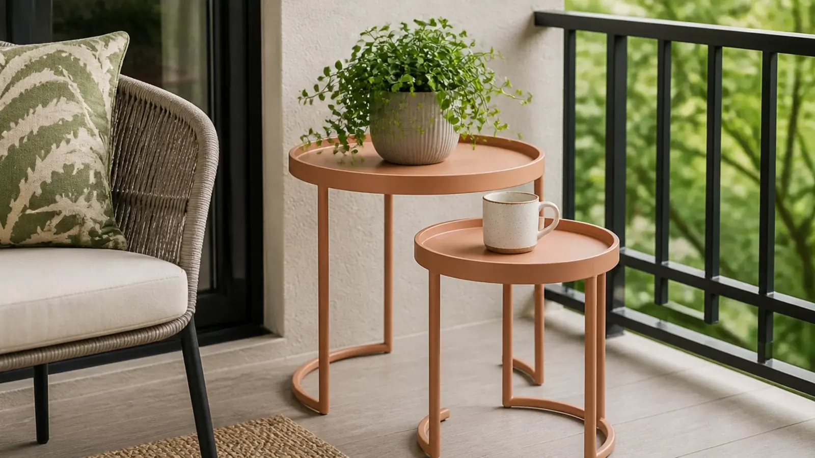 pair of nesting metal side tables beside a balcony chair