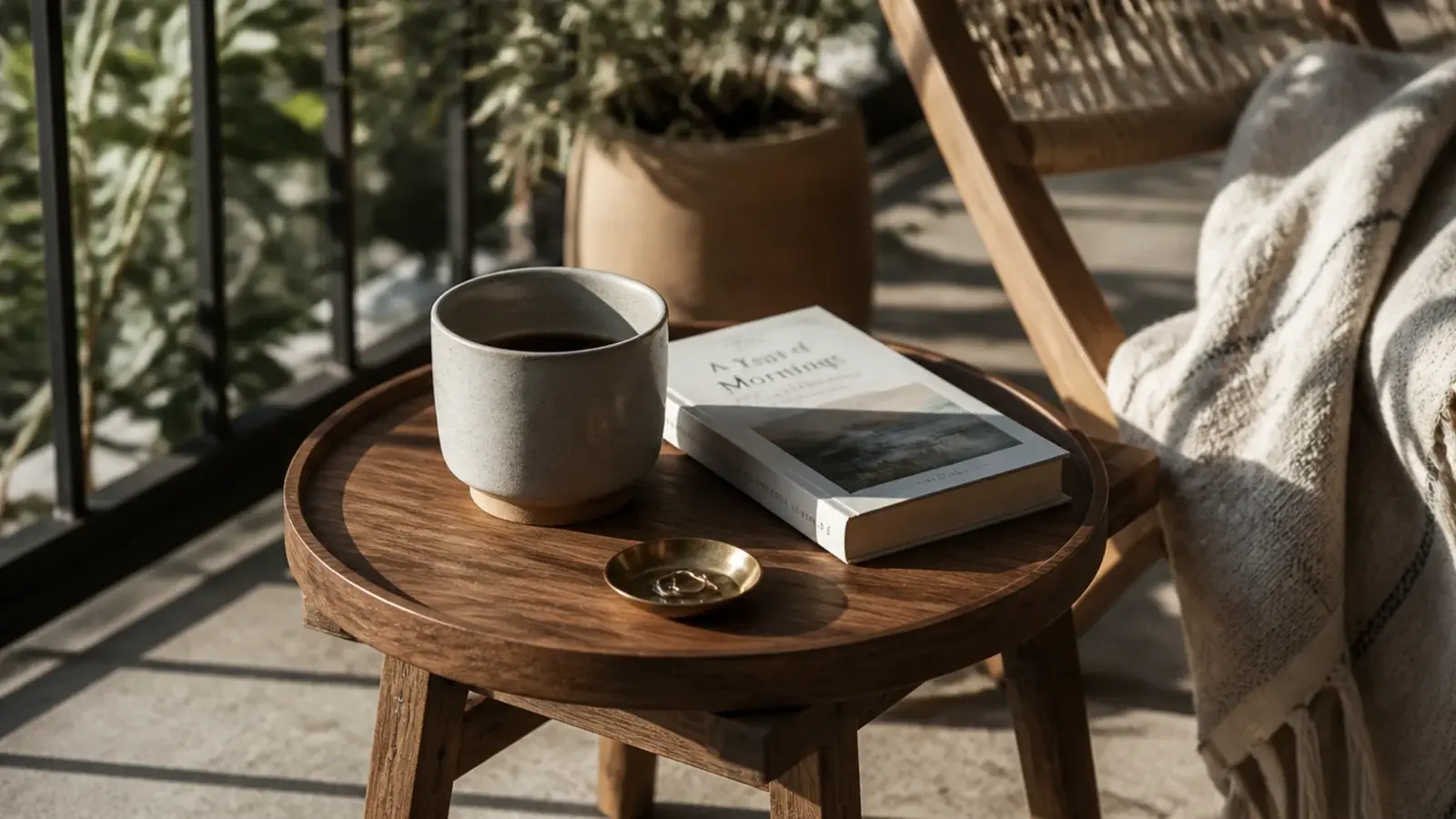 wooden tray on a stool serving as a balcony side table