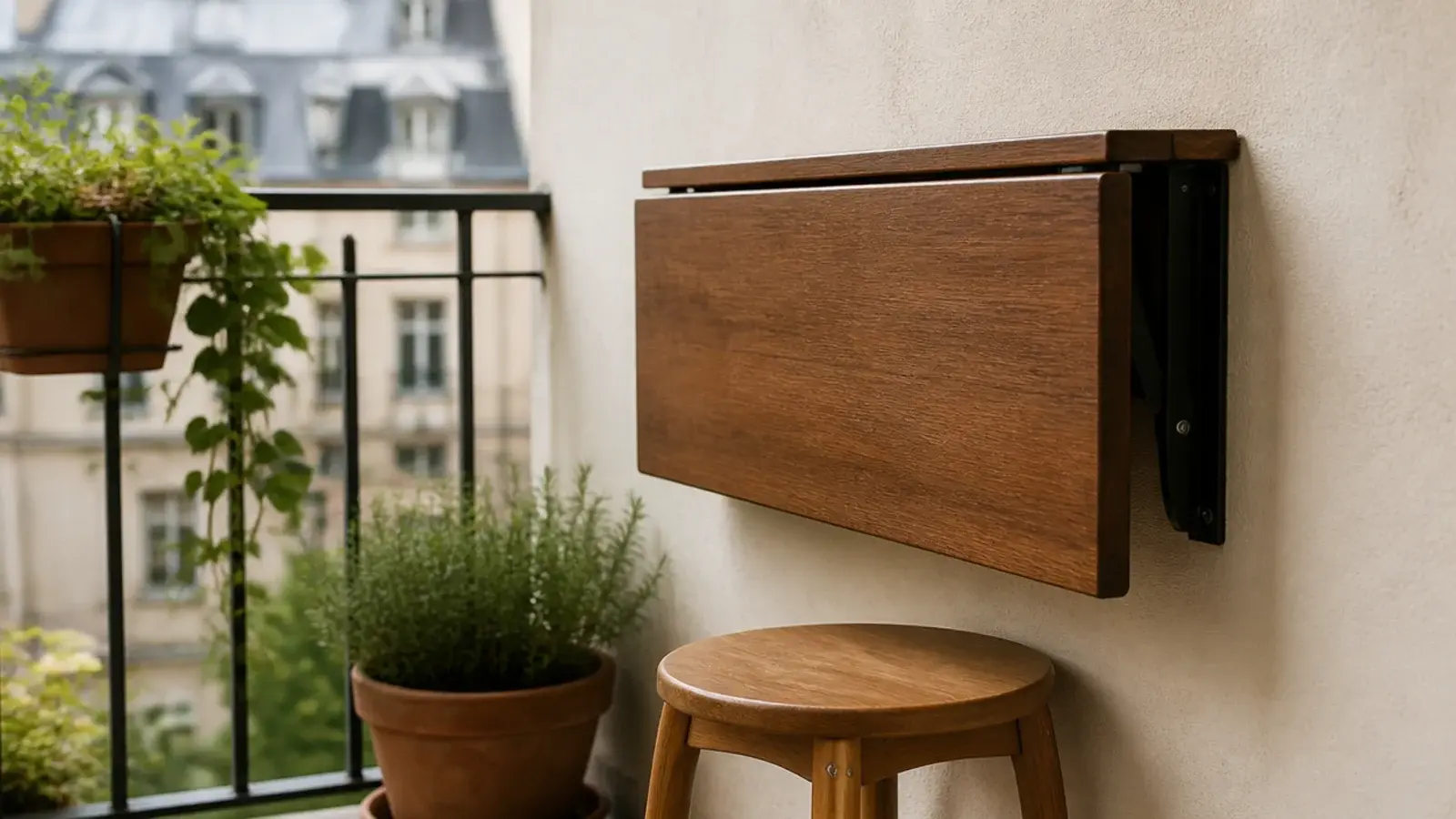 wall mounted drop leaf table folded down on a balcony wall